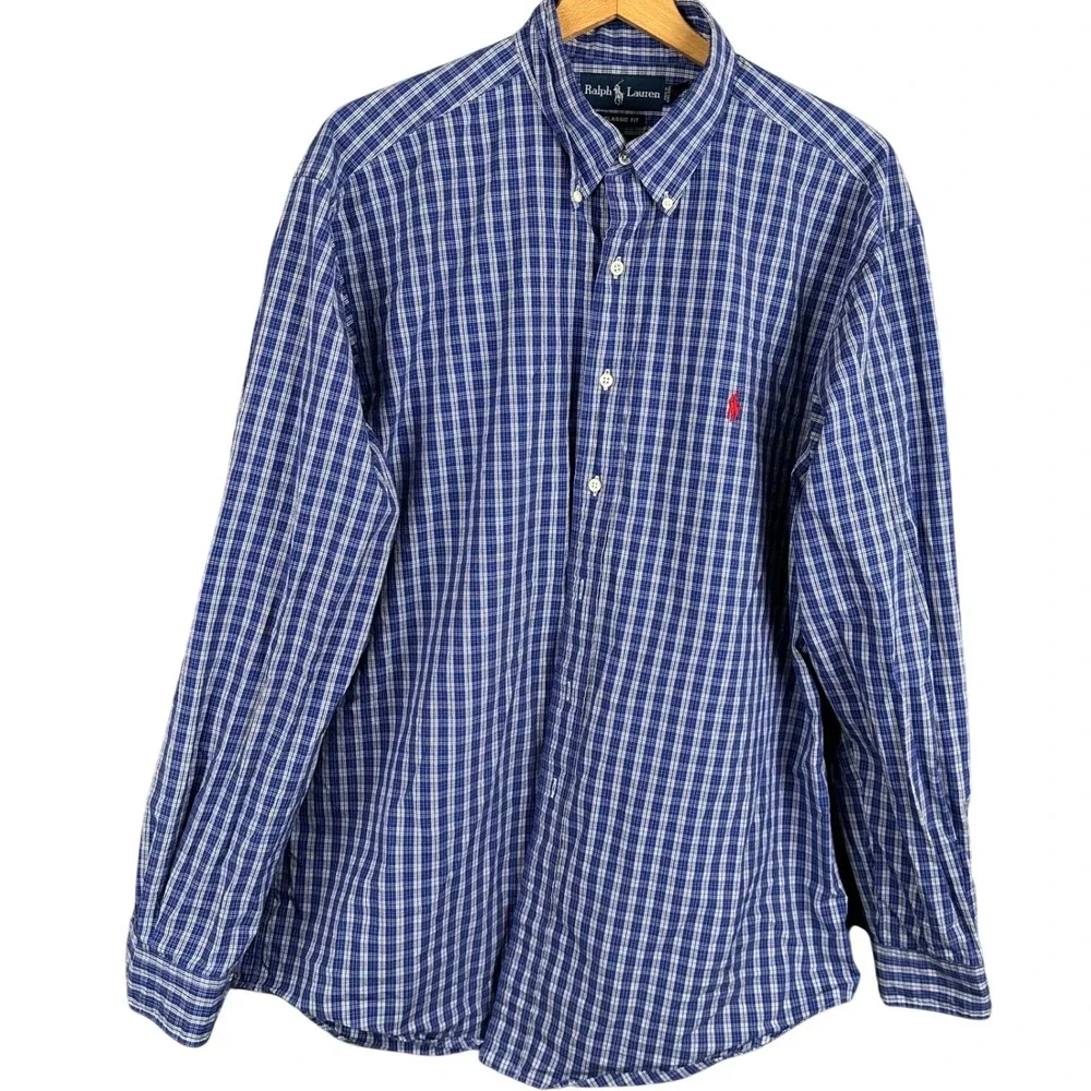 Ralph Lauren Mens Classic Fit Blue White Plaid Button Down Shirt XL 17 1/2